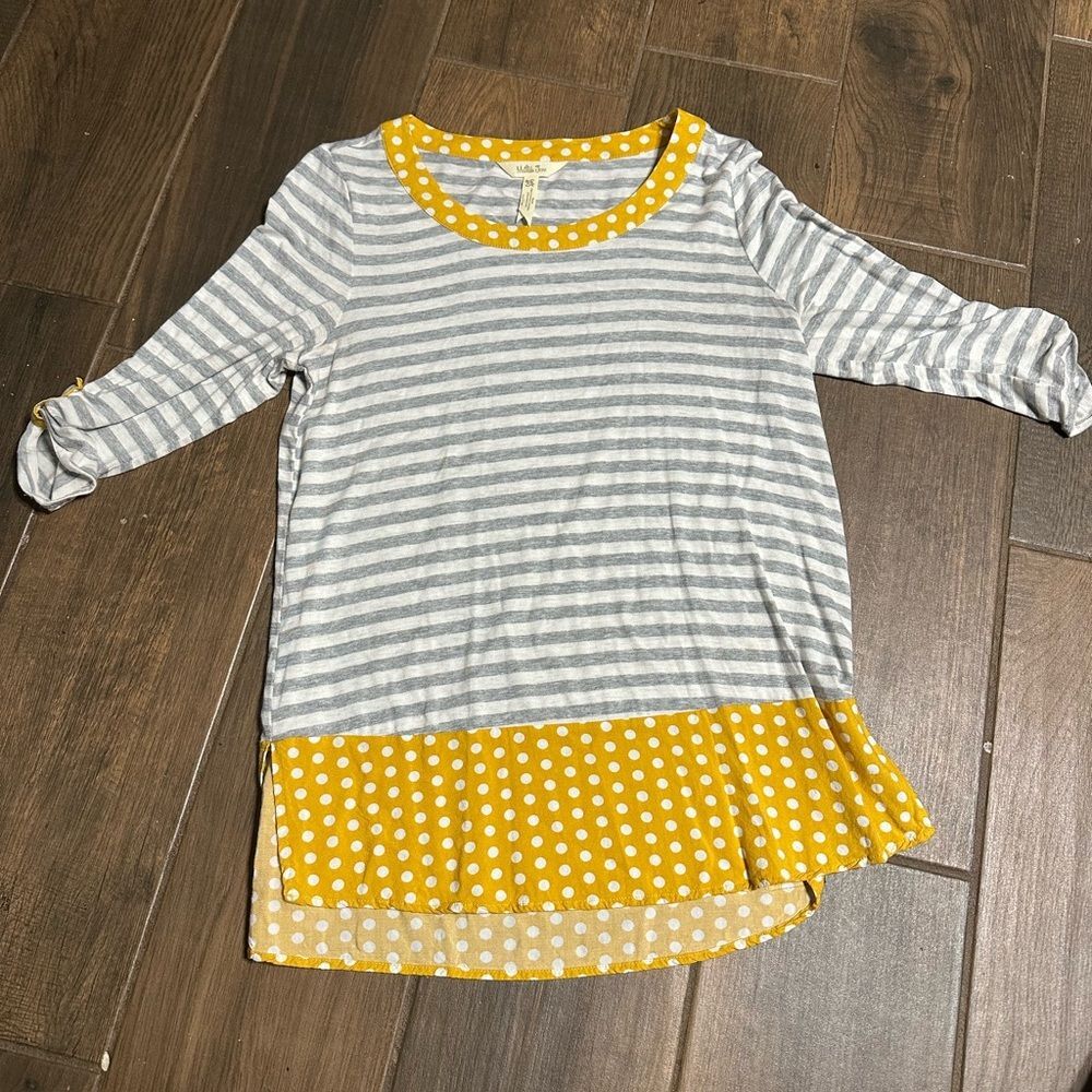 Matilda Jane Gray & White Striped Top with Yellow Polka Dot Trim